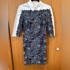 TADASHI SHOJI ROSE MOTIF COLLARED SHIRT DRESS Sz 2 Blue Detailing MSRP $438